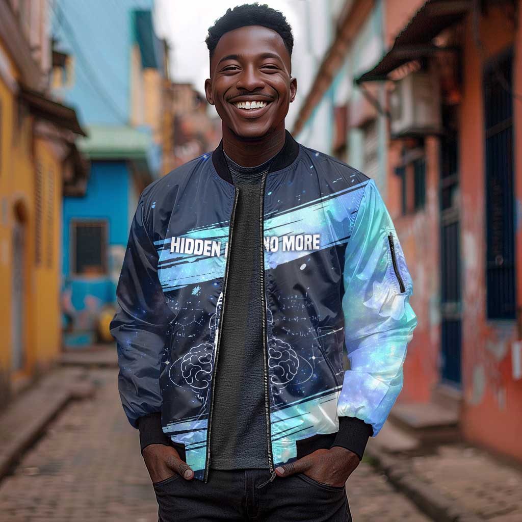 Katherine Johnson Sleeve Zip Bomber Jacket with Galaxy Background, Hidden No More Quote and Rocket Brain Equation - African Pride