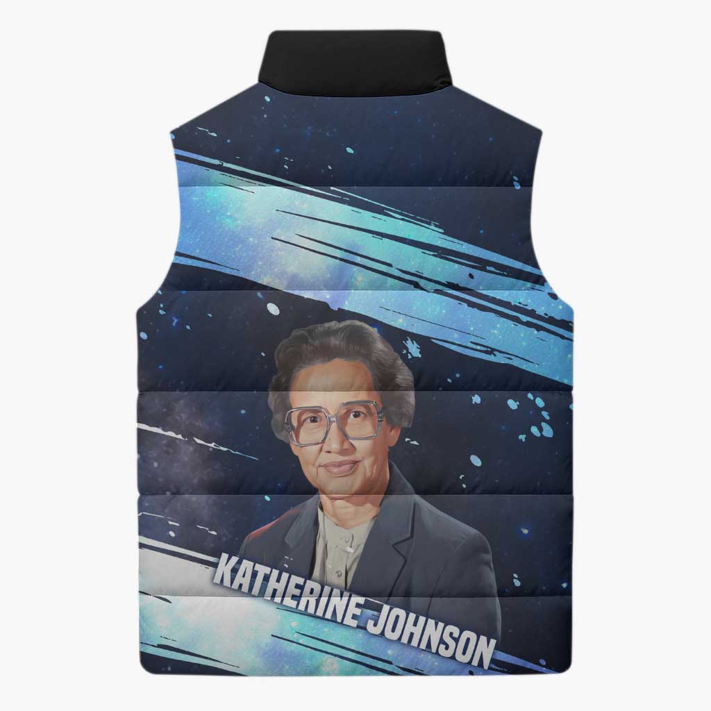 Katherine Johnson Sleeveless Puffer Jacket with Galaxy Background, Hidden No More Quote and Rocket Brain Equation - African Pride