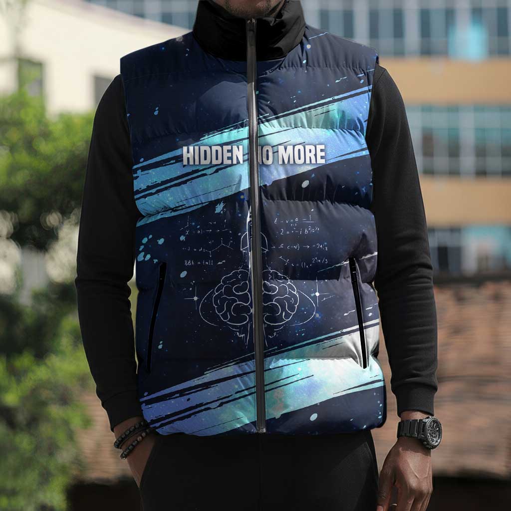 Katherine Johnson Sleeveless Puffer Jacket with Galaxy Background, Hidden No More Quote and Rocket Brain Equation - African Pride