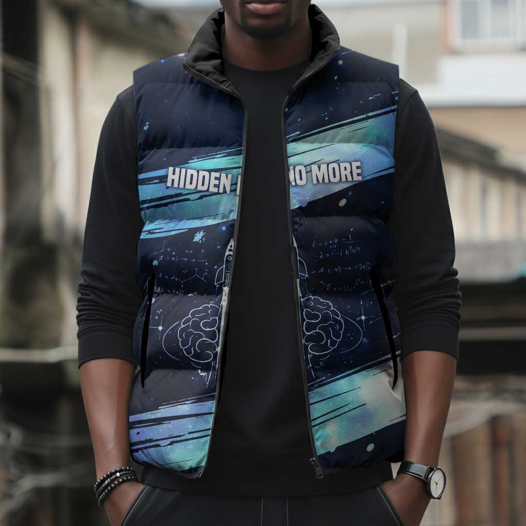 Katherine Johnson Sleeveless Puffer Jacket with Galaxy Background, Hidden No More Quote and Rocket Brain Equation - African Pride
