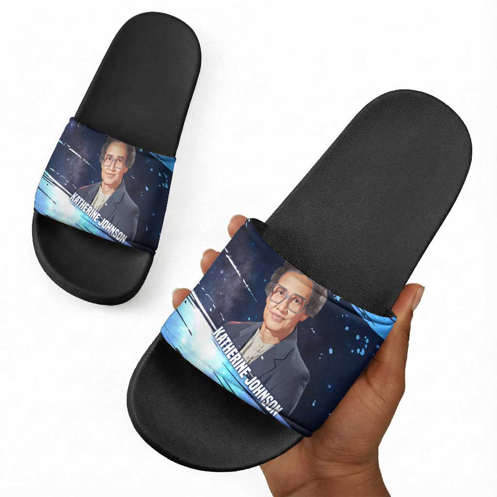 Katherine Johnson Slide Sandals with Galaxy Background, Hidden No More Quote and Rocket Brain Equation - African Pride
