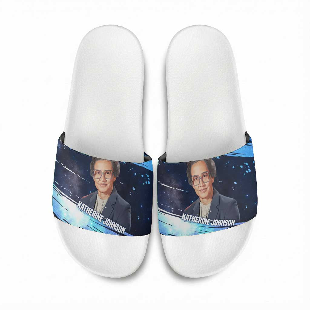 Katherine Johnson Slide Sandals with Galaxy Background, Hidden No More Quote and Rocket Brain Equation - African Pride