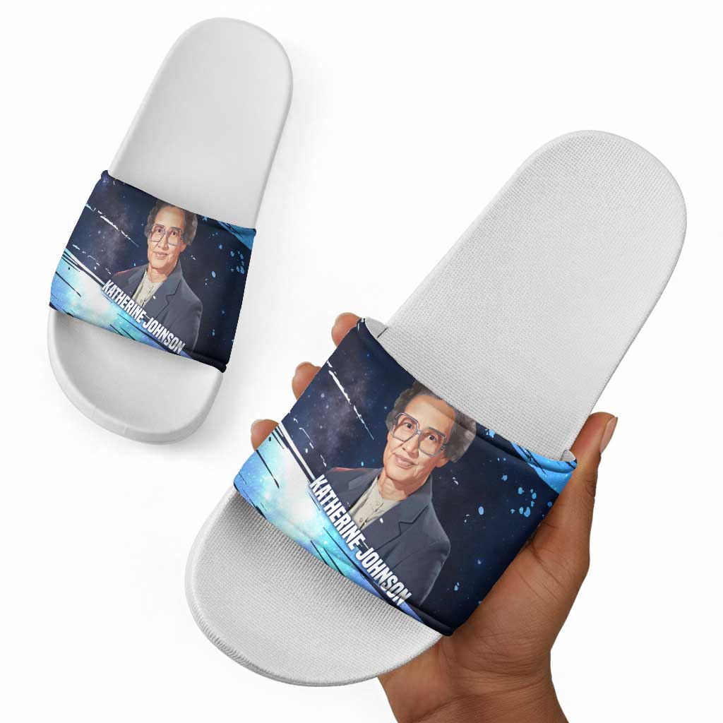 Katherine Johnson Slide Sandals with Galaxy Background, Hidden No More Quote and Rocket Brain Equation - African Pride