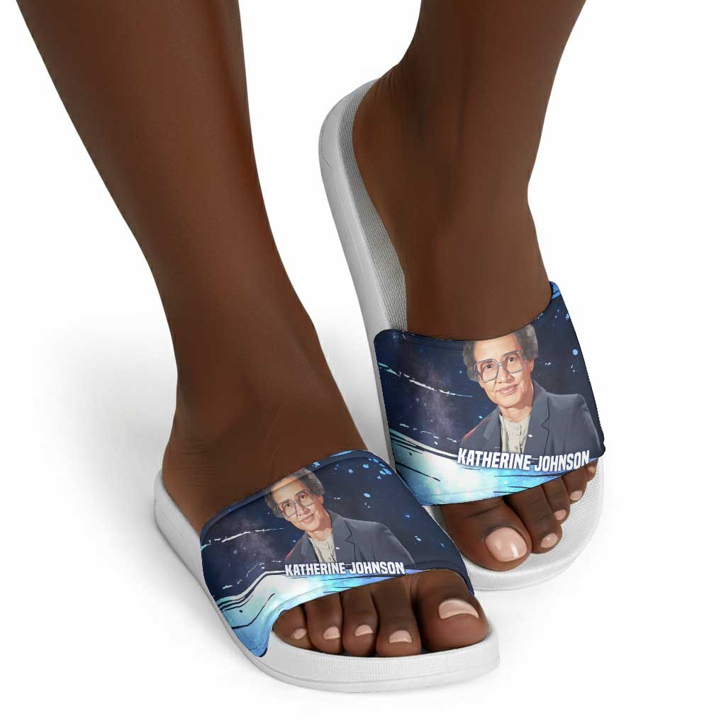 Katherine Johnson Slide Sandals with Galaxy Background, Hidden No More Quote and Rocket Brain Equation - African Pride