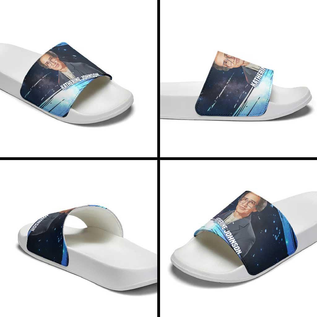Katherine Johnson Slide Sandals with Galaxy Background, Hidden No More Quote and Rocket Brain Equation - African Pride