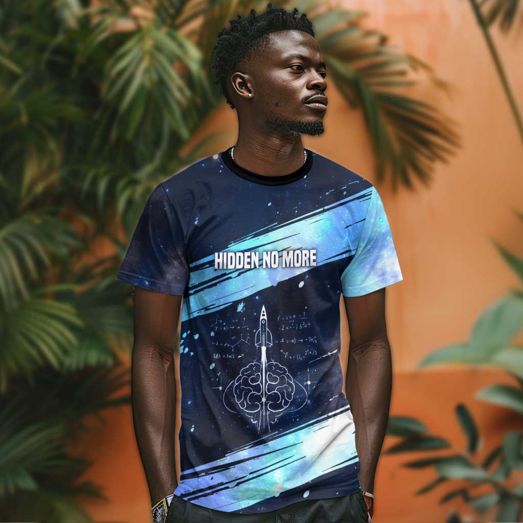 Katherine Johnson T shirt with Galaxy Background, Hidden No More Quote and Rocket Brain Equation - African Pride