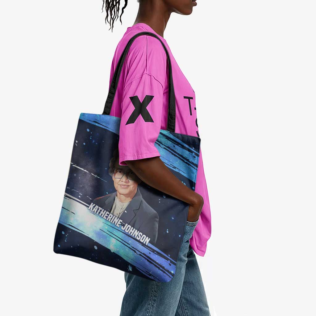 Katherine Johnson Tote Bag with Galaxy Background, Hidden No More Quote and Rocket Brain Equation - African Pride