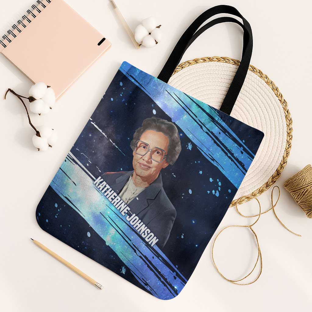 Katherine Johnson Tote Bag with Galaxy Background, Hidden No More Quote and Rocket Brain Equation - African Pride