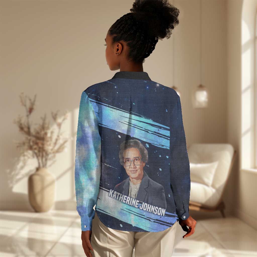 Katherine Johnson Women Casual Shirt with Galaxy Background, Hidden No More Quote and Rocket Brain Equation - African Pride