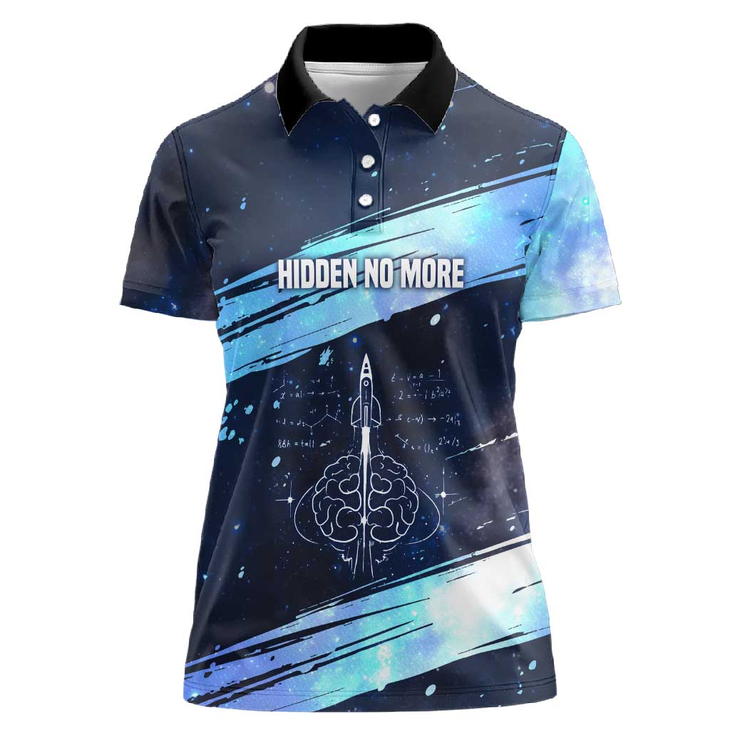Katherine Johnson Women Polo Shirt with Galaxy Background, Hidden No More Quote and Rocket Brain Equation - African Pride