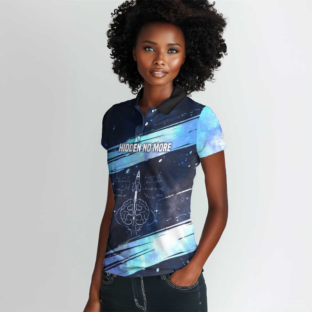 Katherine Johnson Women Polo Shirt with Galaxy Background, Hidden No More Quote and Rocket Brain Equation - African Pride