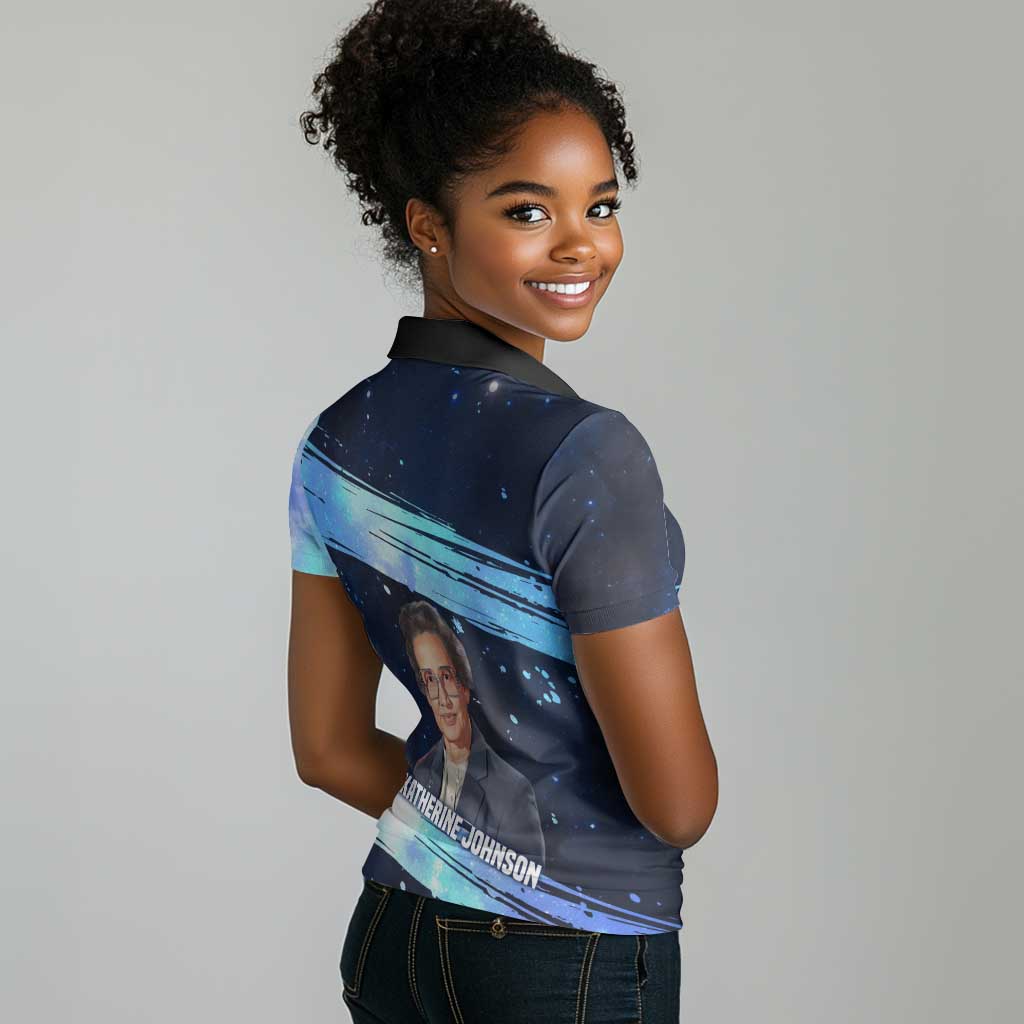 Katherine Johnson Women Polo Shirt with Galaxy Background, Hidden No More Quote and Rocket Brain Equation - African Pride