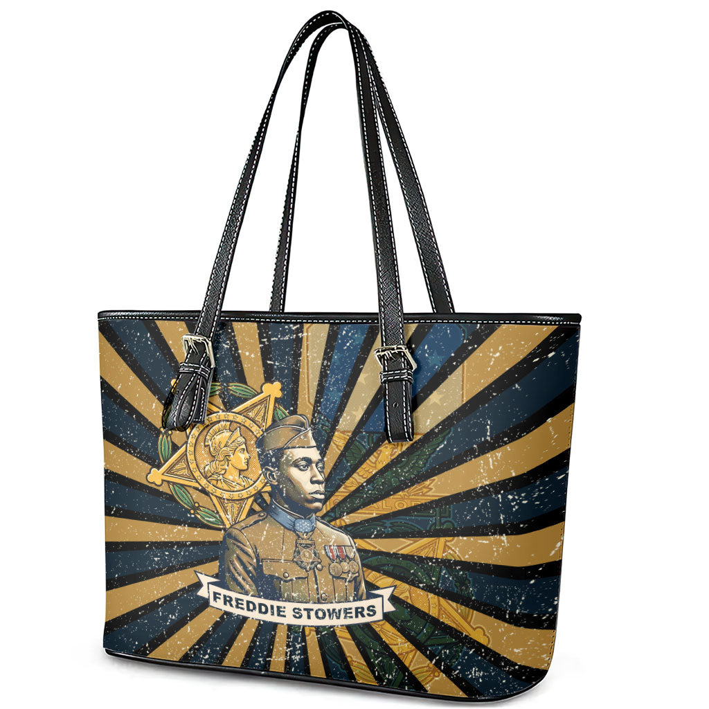 Freddie Stowers Leather Tote Bag Medal Of Honor Hero - Vintage Retro Sunburst - Military Valor Heritage