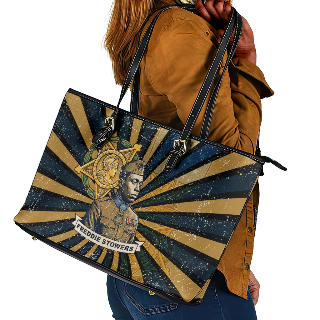 Freddie Stowers Leather Tote Bag Medal Of Honor Hero - Vintage Retro Sunburst - Military Valor Heritage