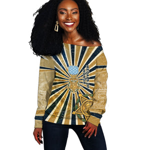 Freddie Stowers Off Shoulder Sweater Medal Of Honor Hero - Vintage Retro Sunburst - Military Valor Heritage