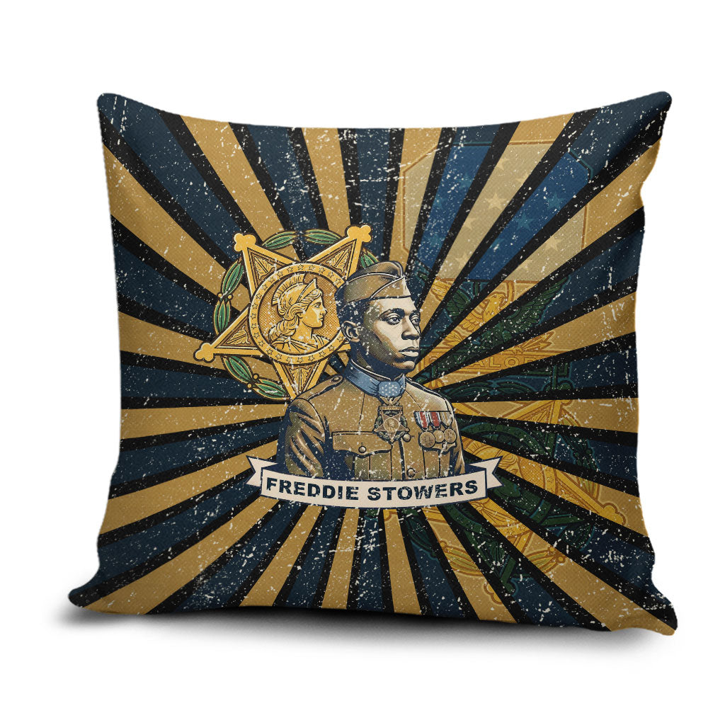 Freddie Stowers Pillow Cover Medal Of Honor Hero - Vintage Retro Sunburst - Military Valor Heritage