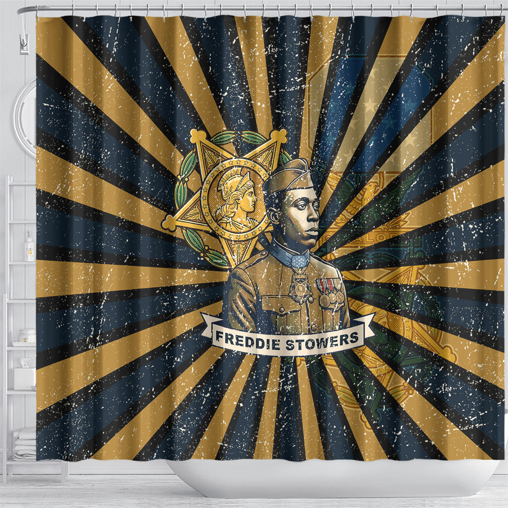 Freddie Stowers Shower Curtain Medal Of Honor Hero - Vintage Retro Sunburst - Military Valor Heritage