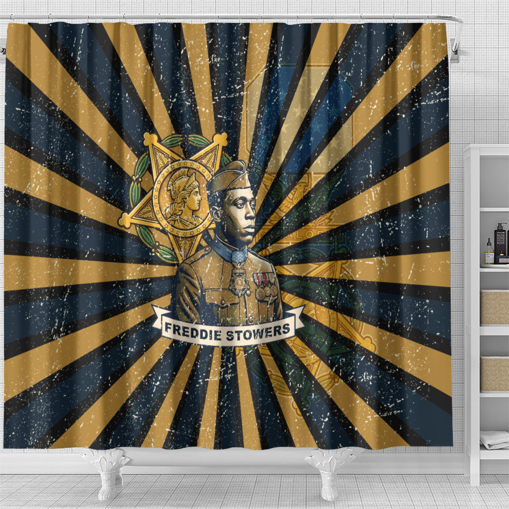 Freddie Stowers Shower Curtain Medal Of Honor Hero - Vintage Retro Sunburst - Military Valor Heritage