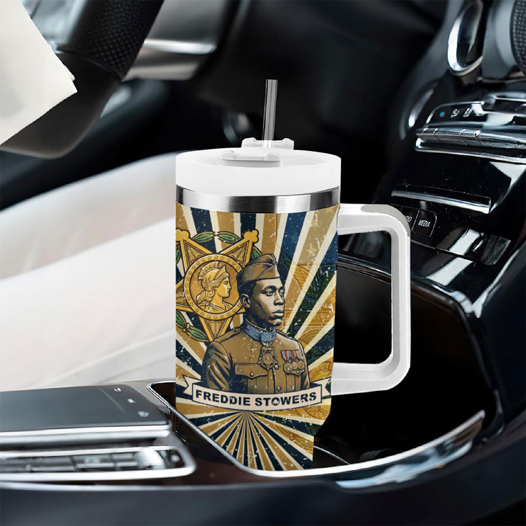 Freddie Stowers Tumbler With Handle Medal Of Honor Hero - Vintage Retro Sunburst - Military Valor Heritage