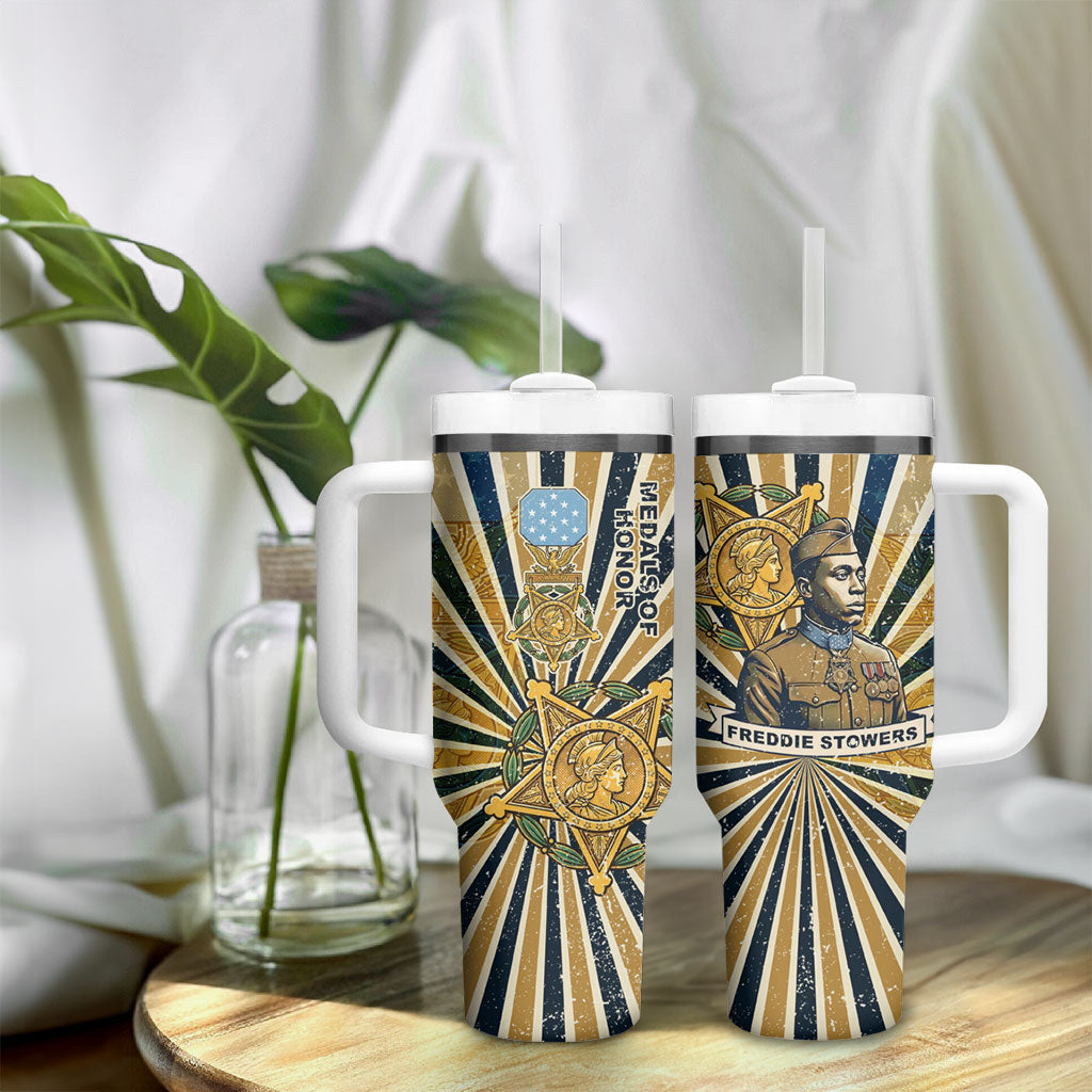 Freddie Stowers Tumbler With Handle Medal Of Honor Hero - Vintage Retro Sunburst - Military Valor Heritage