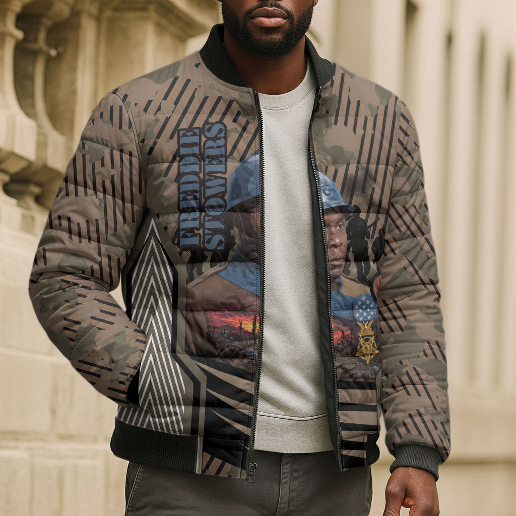 Freddie Stowers African American Bomber Puffer Jacket Medal Of Honor Red Hand - Military Camouflage Striped World War I