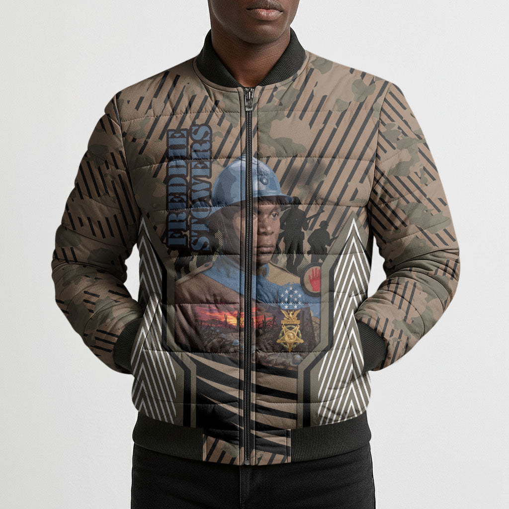Freddie Stowers African American Bomber Puffer Jacket Medal Of Honor Red Hand - Military Camouflage Striped World War I