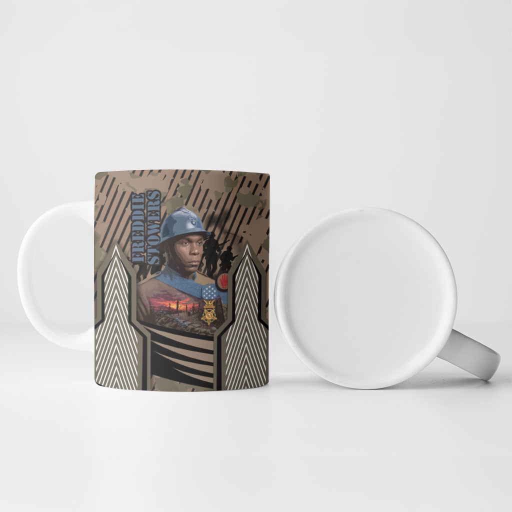 Freddie Stowers African American Ceramic Mug Medal Of Honor Red Hand - Military Camouflage Striped World War I