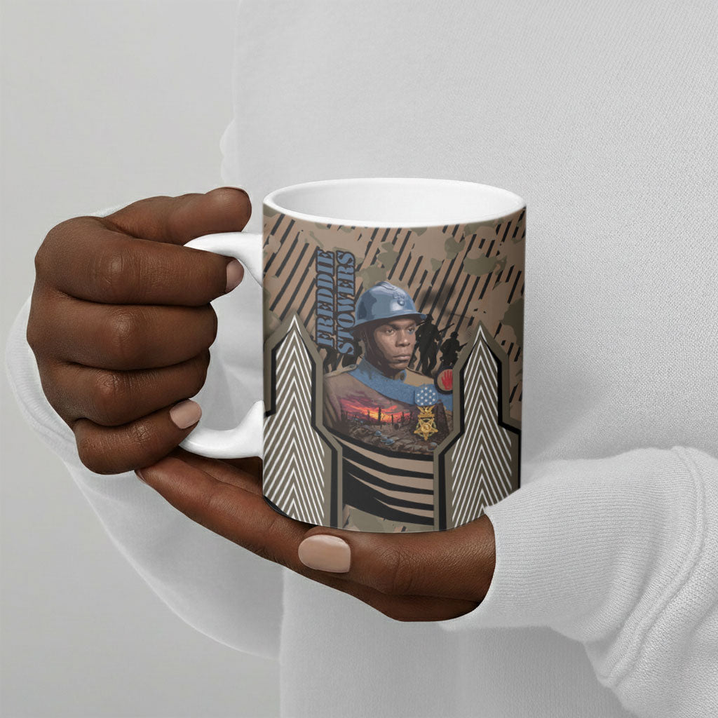 Freddie Stowers African American Ceramic Mug Medal Of Honor Red Hand - Military Camouflage Striped World War I
