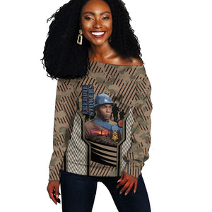Freddie Stowers African American Off Shoulder Sweater Medal Of Honor Red Hand - Military Camouflage Striped World War I