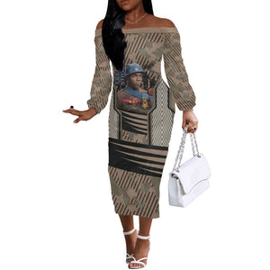 Freddie Stowers African American Off The Shoulder Long Sleeve Dress Medal Of Honor Red Hand - Military Camouflage Striped World War I