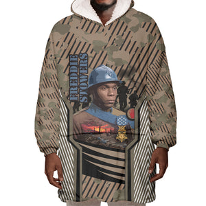 Freddie Stowers African American Wearable Blanket Hoodie Medal Of Honor Red Hand - Military Camouflage Striped World War I