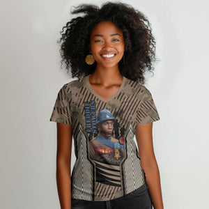 Freddie Stowers African American Women V-Neck T-Shirt Medal Of Honor Red Hand - Military Camouflage Striped World War I