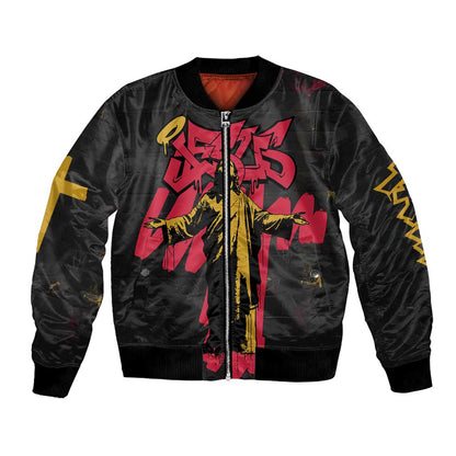 Jesus Graffiti Design Bomber Jacket Crowned Portrait and Urban Street Art Style - African Pride