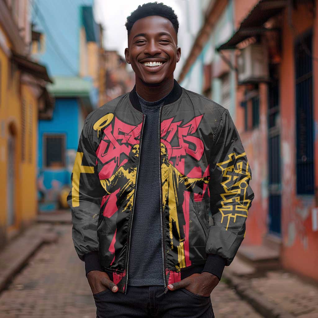 Jesus Graffiti Design Bomber Jacket Crowned Portrait and Urban Street Art Style - African Pride
