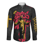 Jesus Graffiti Design Long Sleeve Button Shirt Crowned Portrait and Urban Street Art Style - African Pride