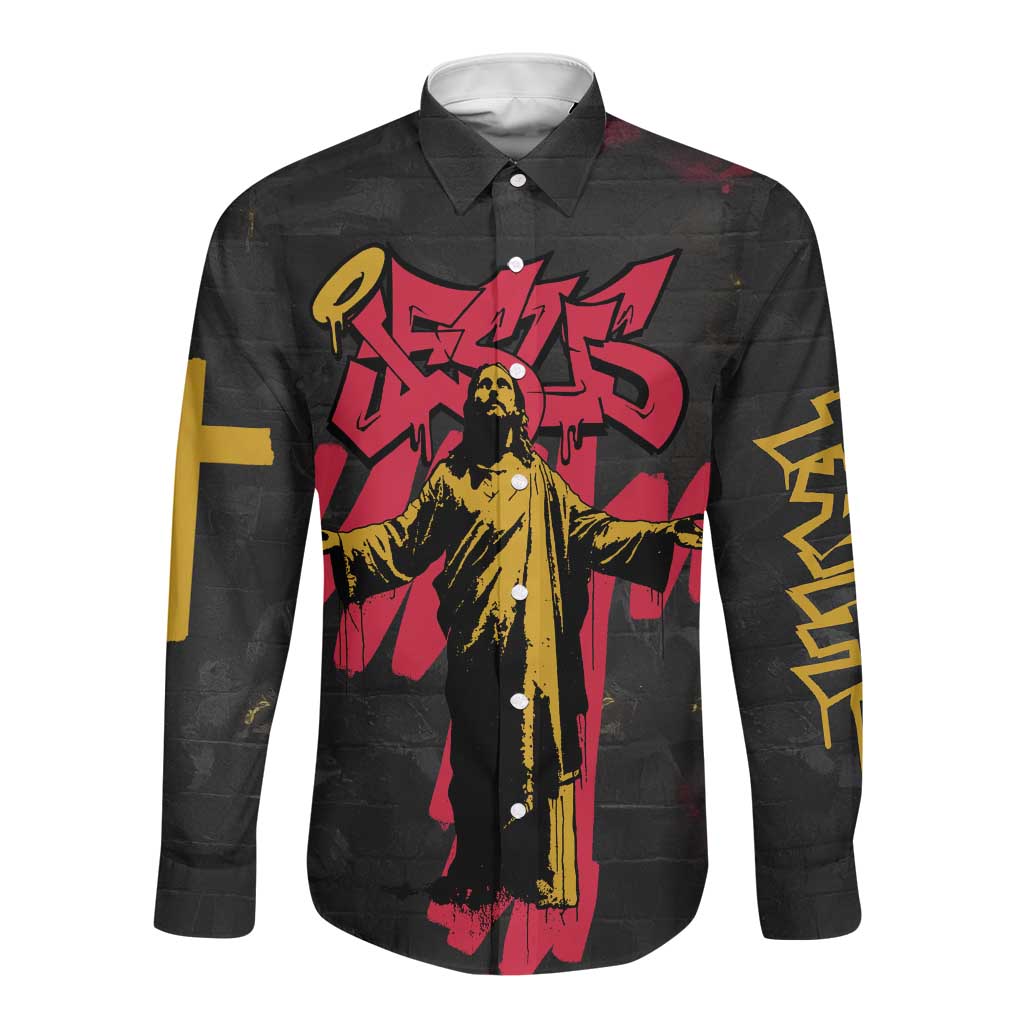 Jesus Graffiti Design Long Sleeve Button Shirt Crowned Portrait and Urban Street Art Style - African Pride