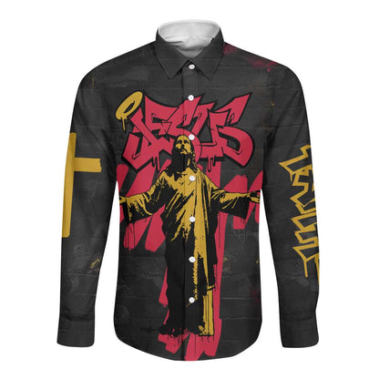 Jesus Graffiti Design Long Sleeve Button Shirt Crowned Portrait and Urban Street Art Style - African Pride