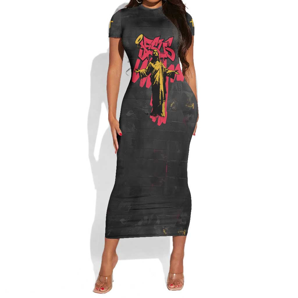 Jesus Graffiti Design Short Sleeve Bodycon Dress Crowned Portrait and Urban Street Art Style - African Pride