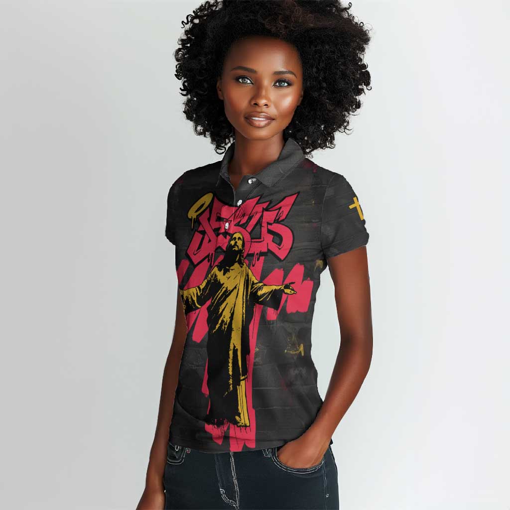 Jesus Graffiti Design Women Polo Shirt Crowned Portrait and Urban Street Art Style - African Pride