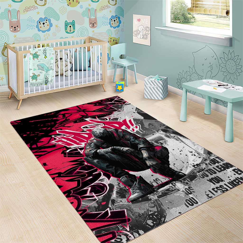 Hip Hop Graffiti Design Area Rug Sitting Hooded Figure and Red Black Street - African Pride