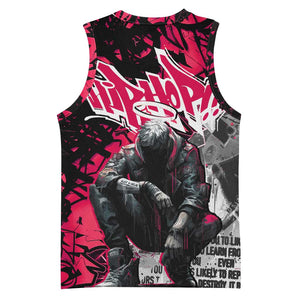 Hip Hop Graffiti Design Basketball Jersey Sitting Hooded Figure and Red Black Street TS04
