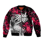 Hip Hop Graffiti Design Sleeve Zip Bomber Jacket Sitting Hooded Figure and Red Black Street - African Pride
