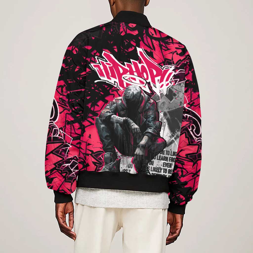 Hip Hop Graffiti Design Sleeve Zip Bomber Jacket Sitting Hooded Figure and Red Black Street - African Pride