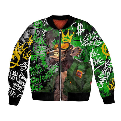 Graffiti Street Art Bomber Jacket Smoking Ape Character and Neon Crown Symbols - African Pride