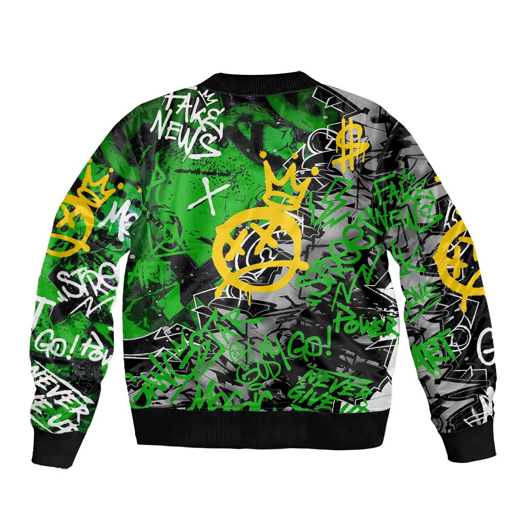 Graffiti Street Art Bomber Jacket Smoking Ape Character and Neon Crown Symbols - African Pride