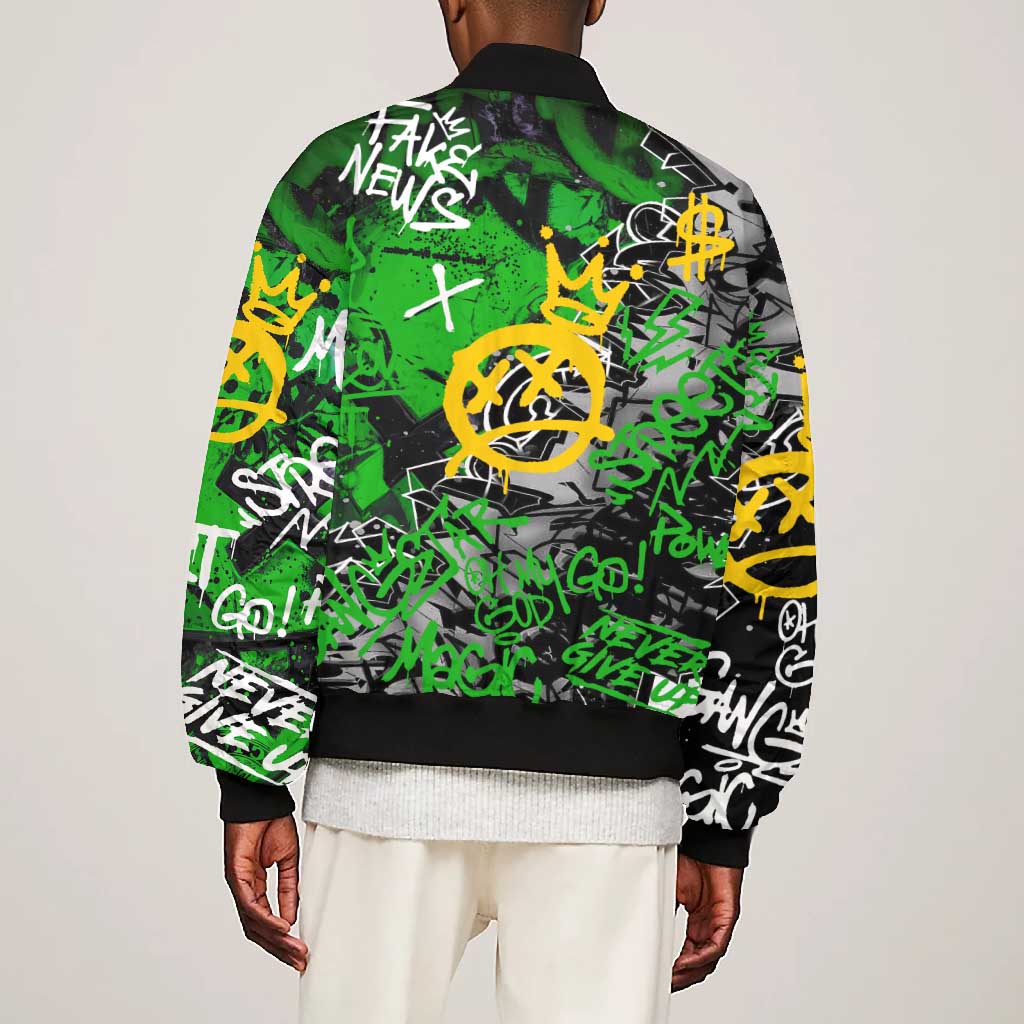 Graffiti Street Art Bomber Jacket Smoking Ape Character and Neon Crown Symbols - African Pride