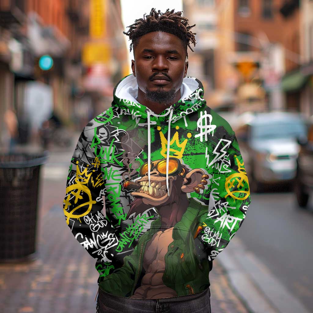 Graffiti Street Art Hoodie Smoking Ape Character and Neon Crown Symbols - African Pride