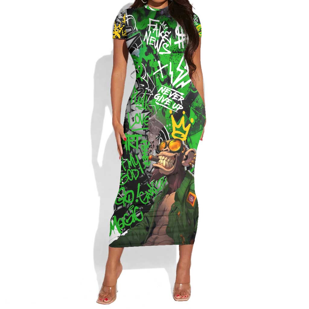 Graffiti Street Art Short Sleeve Bodycon Dress Smoking Ape Character and Neon Crown Symbols - African Pride