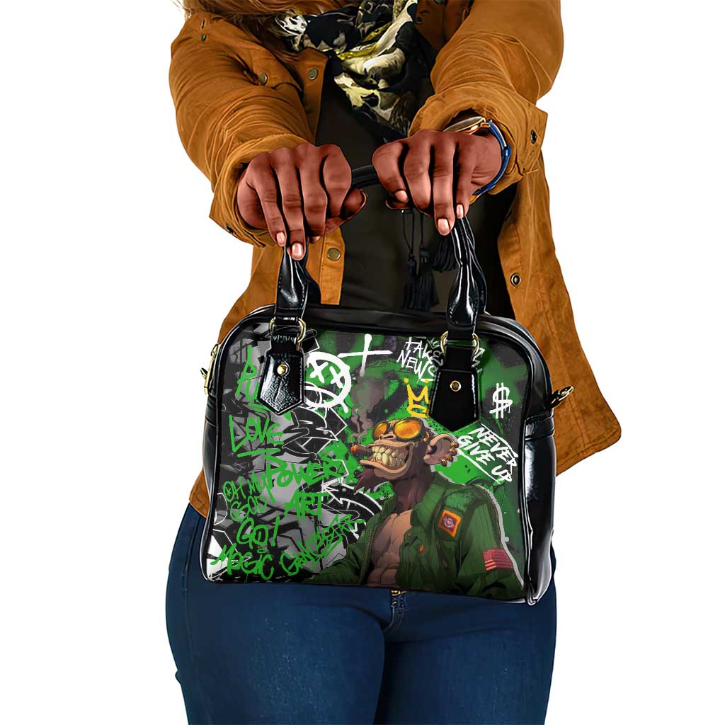 Graffiti Street Art Shoulder Handbag Smoking Ape Character and Neon Crown Symbols - African Pride