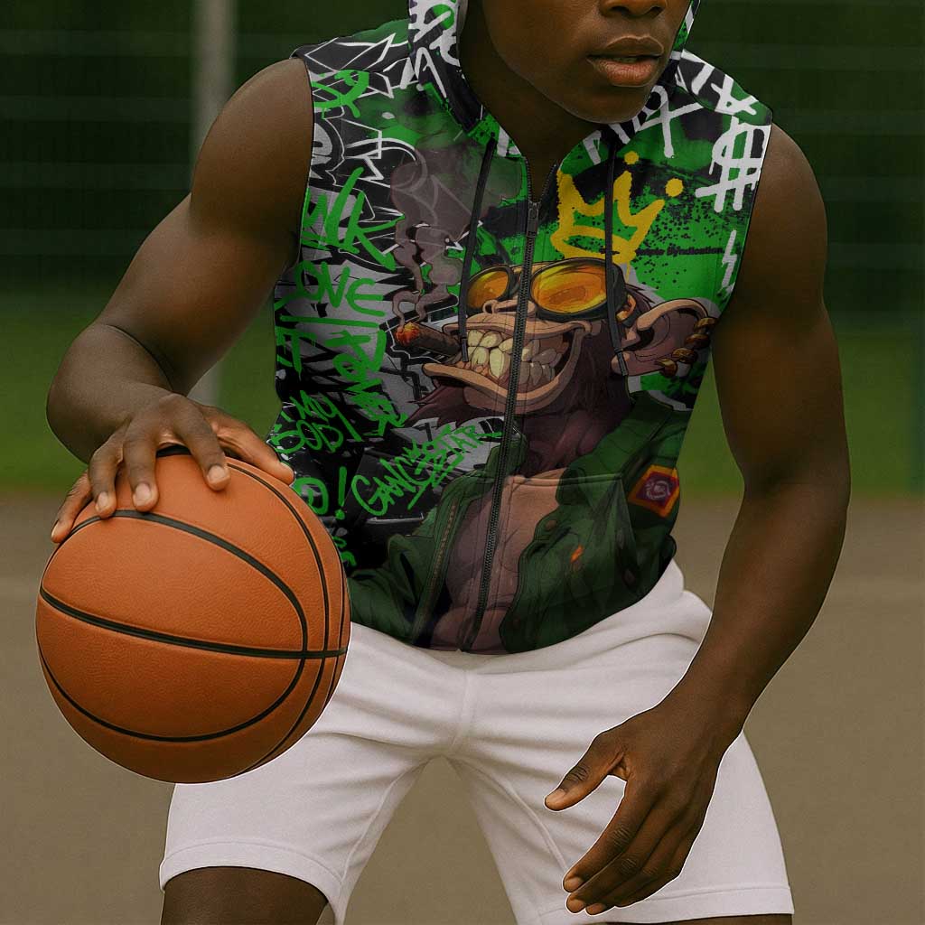 Graffiti Street Art Sleeveless Zip Hoodie Smoking Ape Character and Neon Crown Symbols - African Pride
